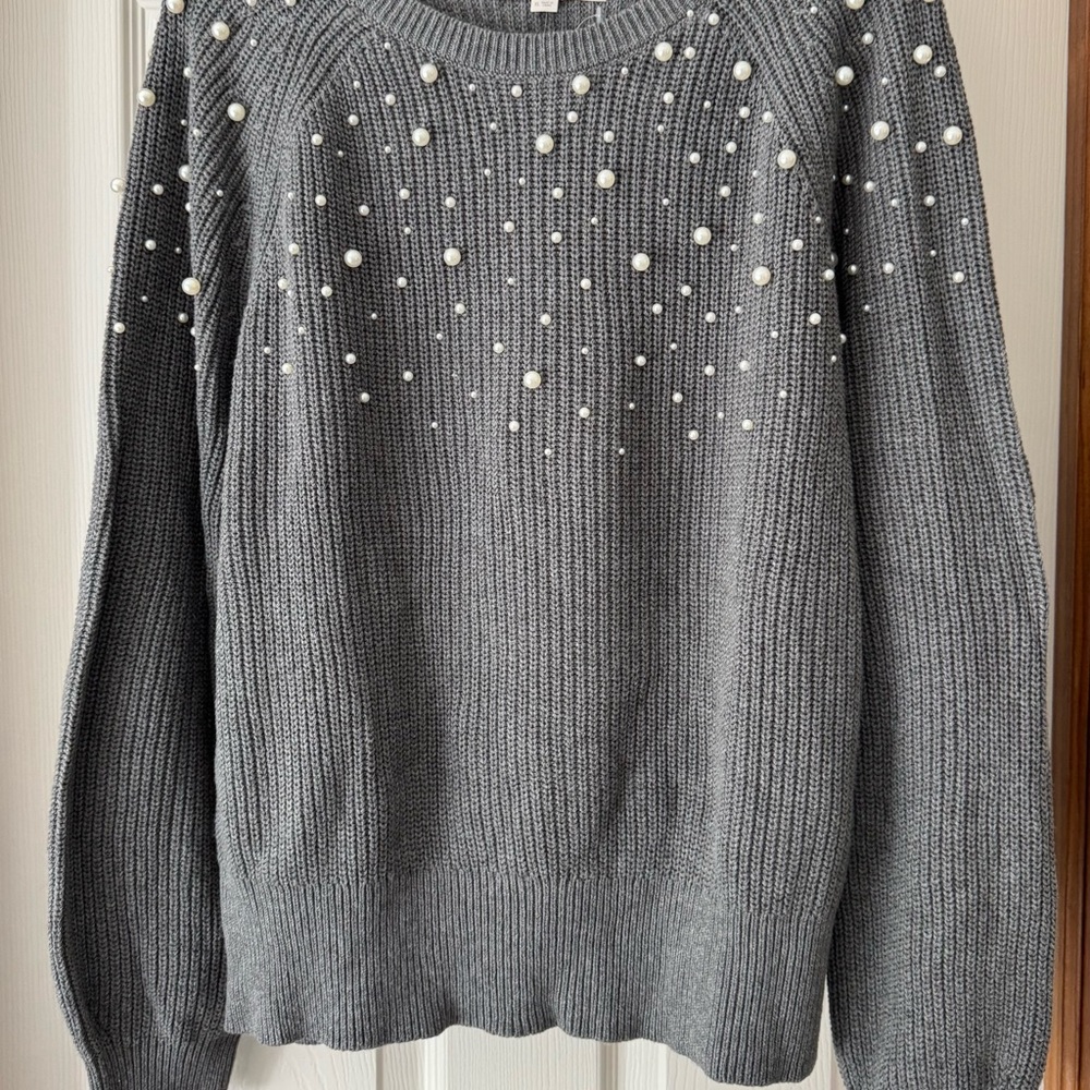 NWT LOFT Gray Pearl-Embellished Sweater